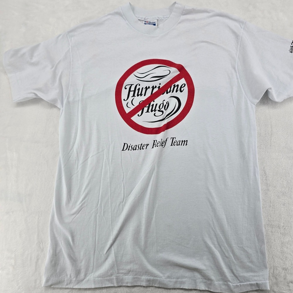 Hanes T-Shirt Mens XL Tee White Vintage Hurricane Hugo Disaster Relief Team 6802